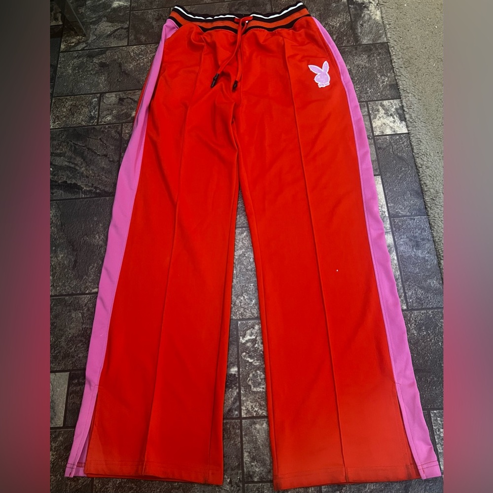 Playboy X MISSGUIDED collab Varsity wide-legged pants, size 10. Orange w/ pink.